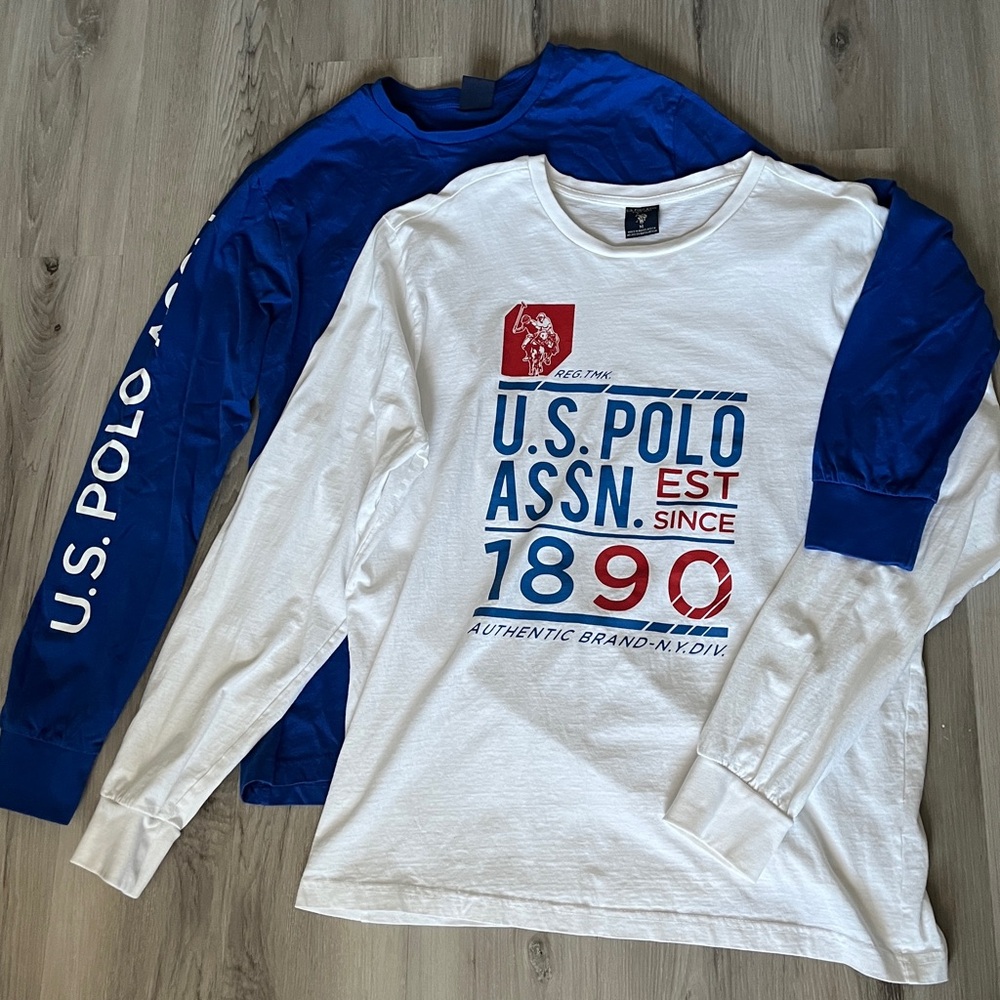 Lot of 2 Men’s U.S. Polo ASSN. Blue  White Large Polo Logo Long Sleeve T Shirt M
